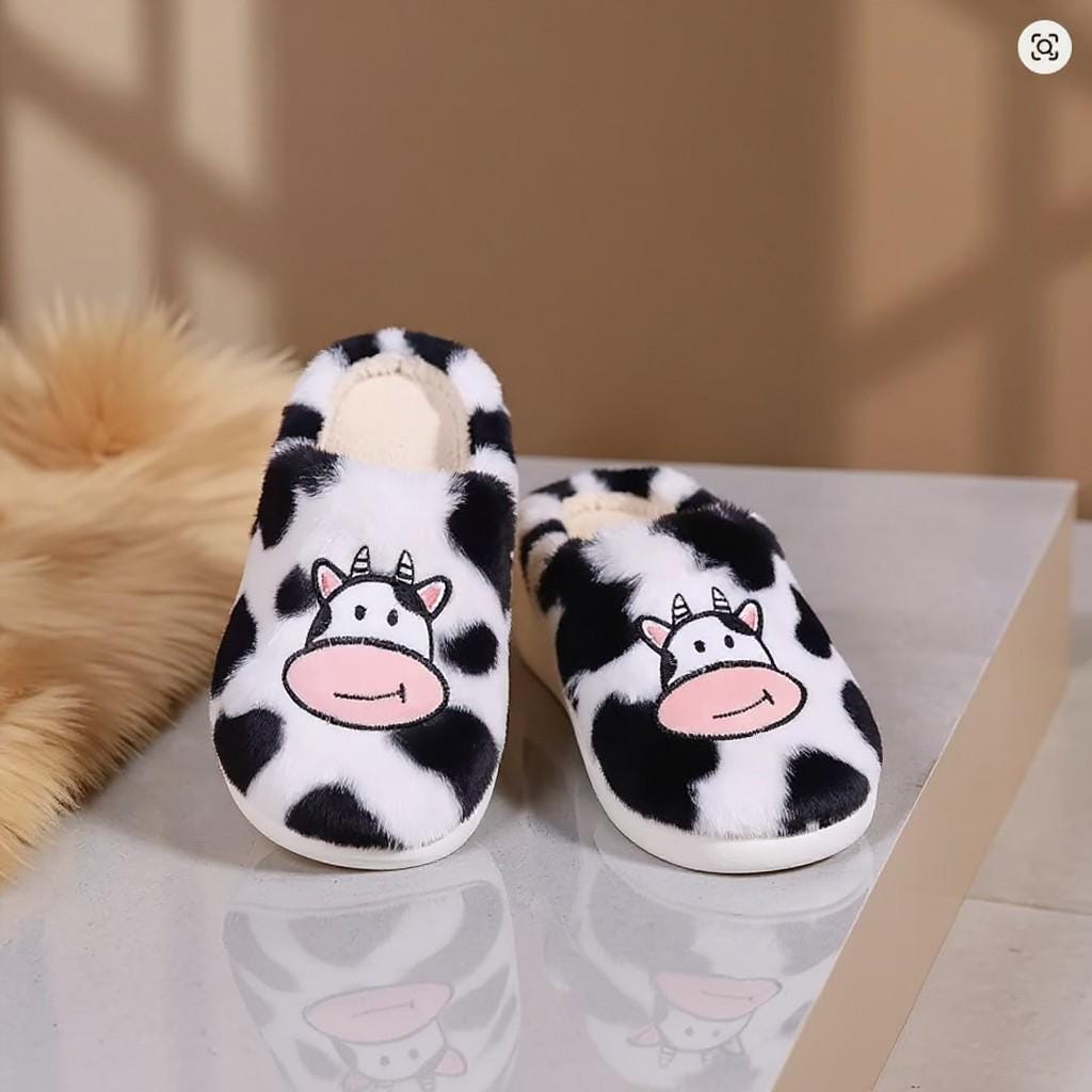 Cow Slippers, Cute Fuzzy Cow House Shoes, Plush Animal Slippers