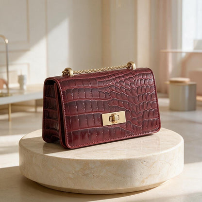 Burgundy Shoulder Bag, Croc Embossed Purse, Wine Red Handbag, Chain Strap Bag, Structured Flap Purse, Elegant Evening Bag