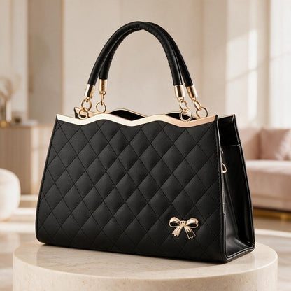 Black Quilted Tote Bag, Elegant Bow Charm Handbag, Structured Top Handle Purse, Diamond Stitch Women's Shoulder Bag