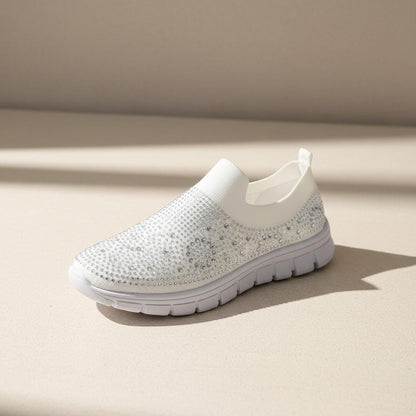 White Rhinestone Slip On Sneakers, Women's Sparkle Knit Shoes, Embellished Casual Sneakers