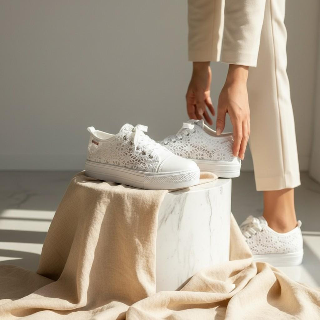Lace Bridal Sneakers, White Wedding Shoes for Bride, Floral Lace Platform Trainers