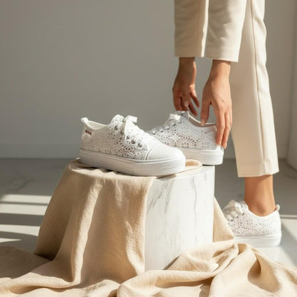 Lace Bridal Sneakers, White Wedding Shoes for Bride, Floral Lace Platform Trainers