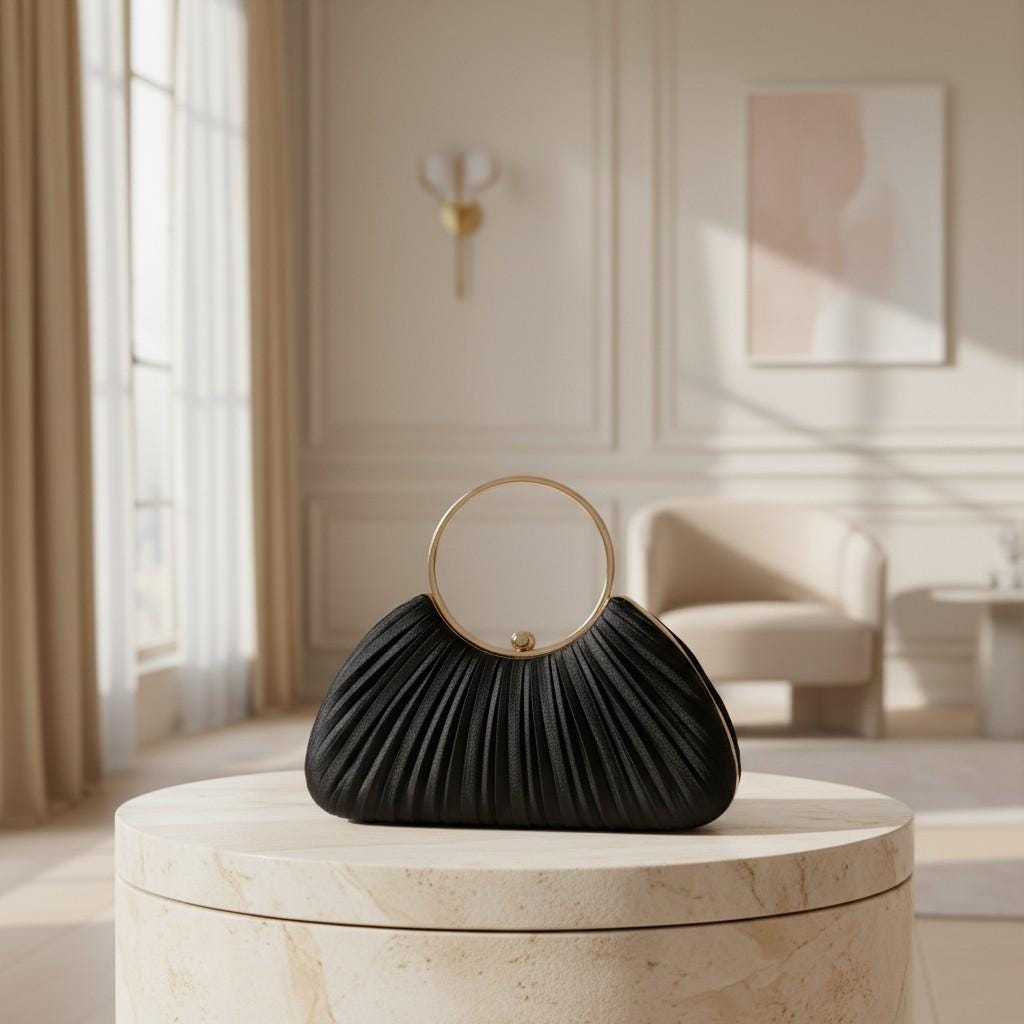 Black Pleated Clutch Bag, Ring Handle Evening Purse, Elegant Black Handbag, Shell Shape Party Bag, Wedding Guest Accessory