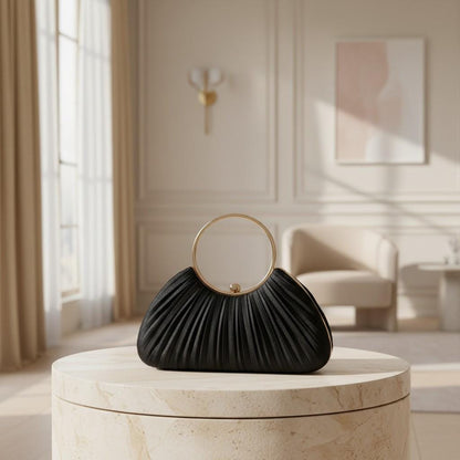 Black Pleated Clutch Bag, Ring Handle Evening Purse, Elegant Black Handbag, Shell Shape Party Bag, Wedding Guest Accessory