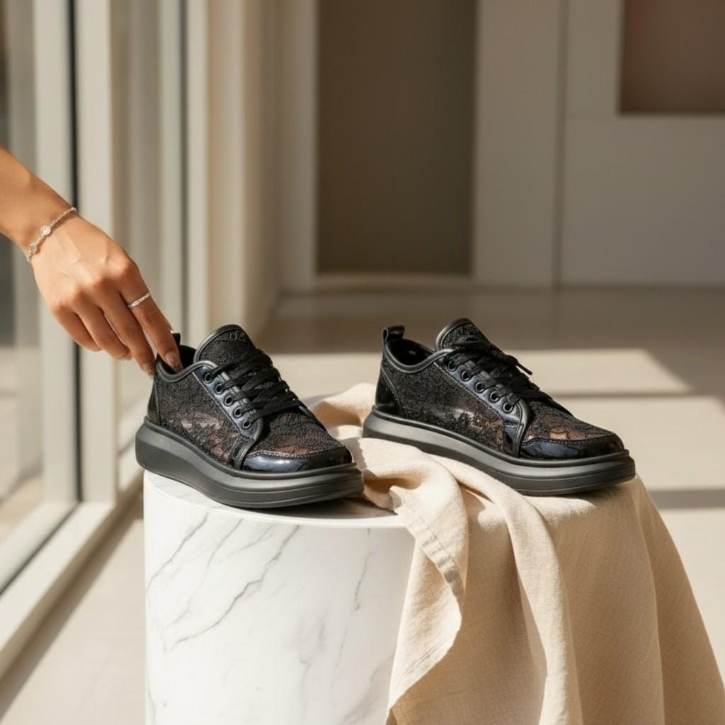 Black Lace Platform Sneakers, Women's Chunky Lace-Up Shoes