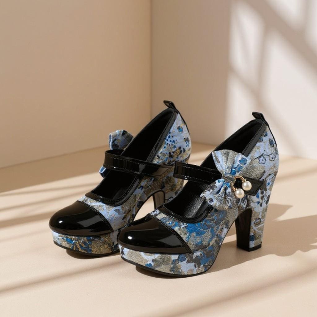 Blue Floral Mary Jane Heels, Platform Bow Pumps, Black Patent Strap Shoes