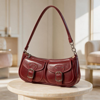 Burgundy Buckle Shoulder Bag, Y2K Mini Purse, Double Pocket Handbag, Retro 90s Bag