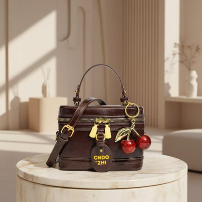 Brown Shoulder Bag, Women's Top Handle Crossbody Purse, Double Zip Handbag, Cherry Charm Bag, Structured Box Purse