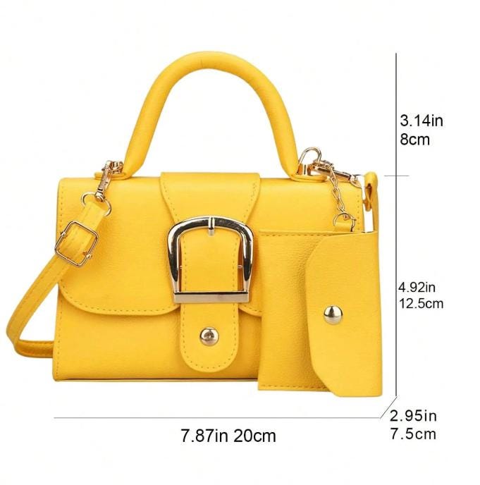 Yellow Handbag for Women, Structured Shoulder Bag, Top Handle Crossbody Purse, Buckle Detail Everyday Bag