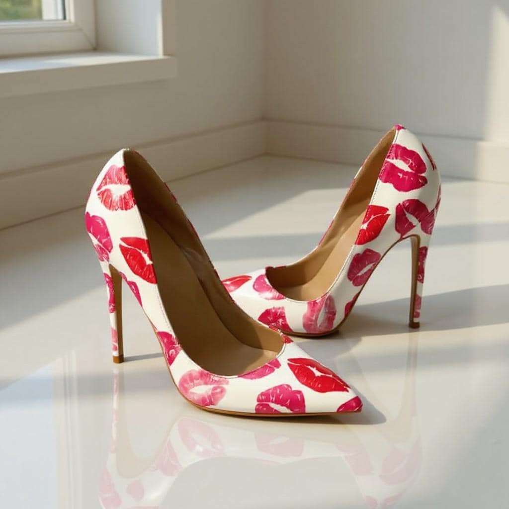Red Lip Print Heels, Kiss Print Stiletto Pumps, White Pointed Toe High Heels, Women's Statement Shoes
