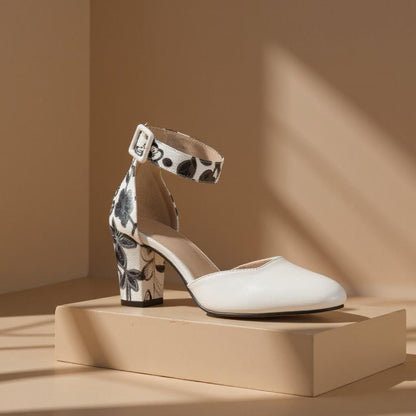 White Floral Wedding Heels, Ankle Strap Bridal Shoes, Block Heel Pumps