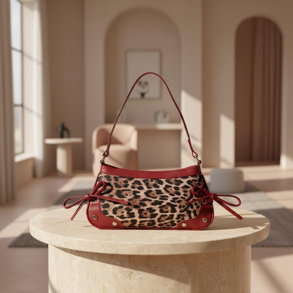 Leopard Baguette Bag, Burgundy Trim Shoulder Purse, Animal Print Handbag, Y2K Underarm Bag, Bow Detail Purse