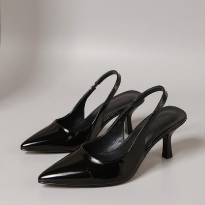 Black Slingback Heels, Pointed Toe Stiletto Pumps, Glossy Patent Look Dress Shoes