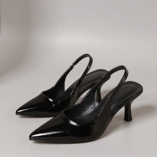 Black Slingback Heels, Pointed Toe Stiletto Pumps, Glossy Patent Look Dress Shoes