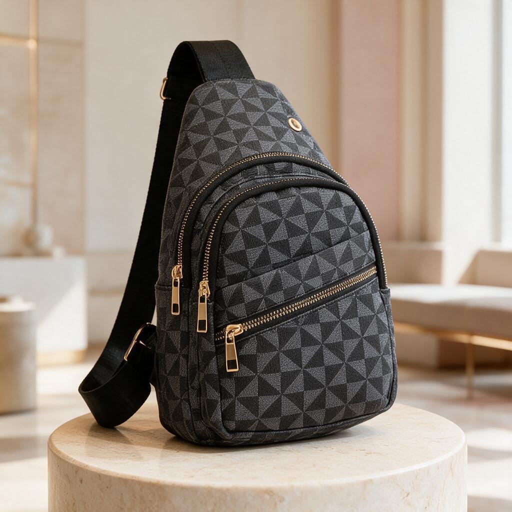 Black Geometric Sling Bag, Women's Crossbody Chest Bag, Textured Shoulder Backpack, Multi Pocket Travel Bag, Everyday Purse