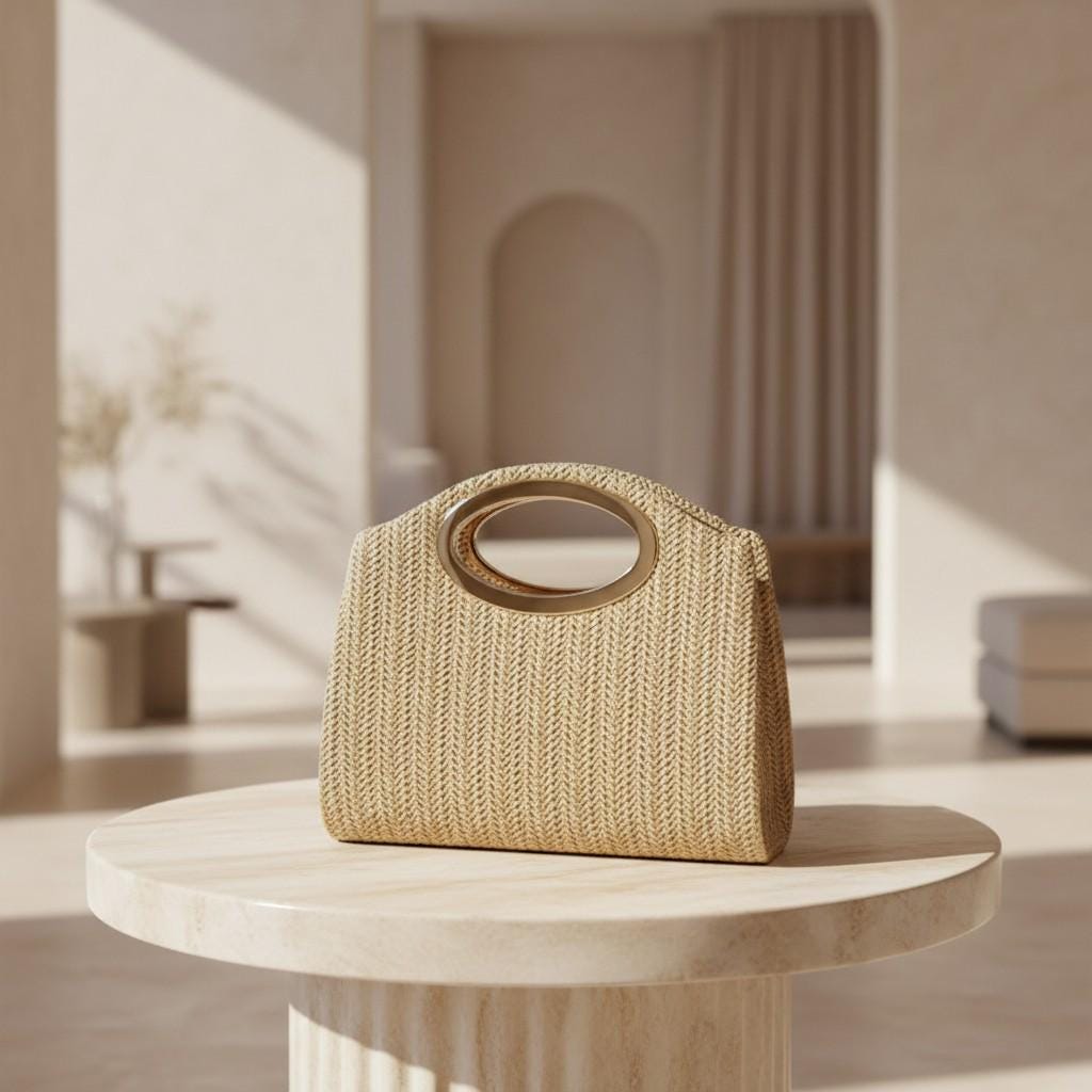 Woven Top Handle Bag, Beige Handbag, Natural Textured Purse, Gold Ring Handle