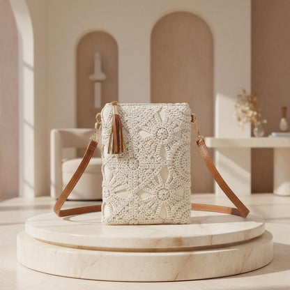 Cream Crochet Crossbody Bag, Boho Lace Purse for Women, Small Shoulder Bag, Summer Vacation Handbag
