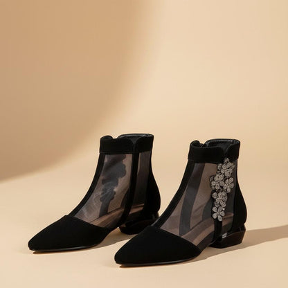 Black Mesh Ankle Booties for Women, Pointed Toe Low Heel Shoes, Embellished Dress Boots