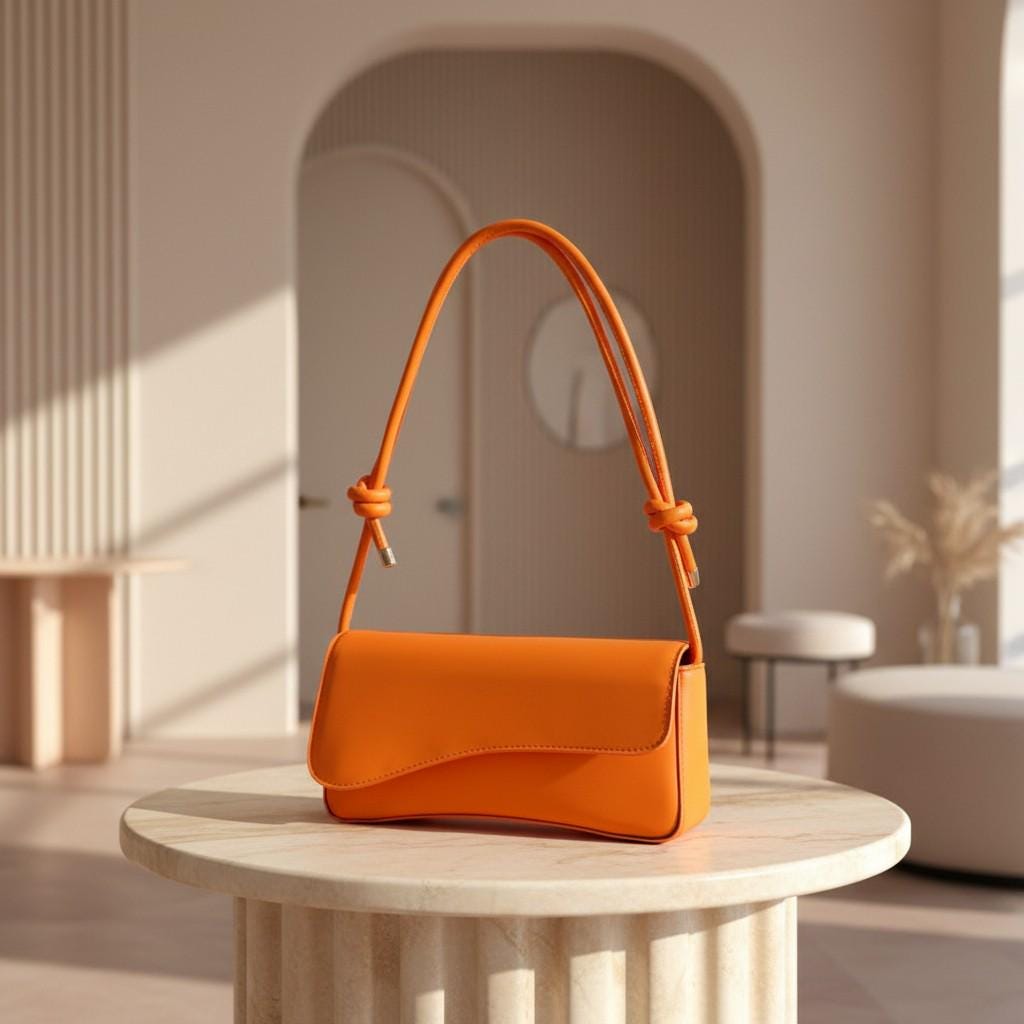 Orange Shoulder Bag, Knotted Strap Handbag, Flap Purse, Minimalist Underarm Bag, Trendy Everyday Shoulder Bag