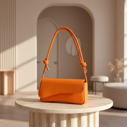 Orange Shoulder Bag, Knotted Strap Handbag, Flap Purse, Minimalist Underarm Bag, Trendy Everyday Shoulder Bag