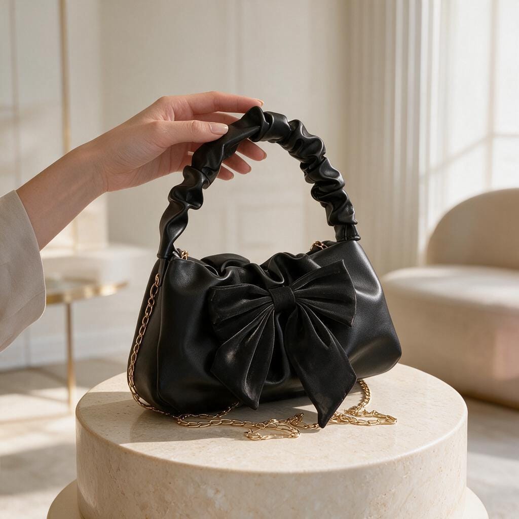 Black Bow Handbag, Ruched Shoulder Purse, Elegant Black Evening Bag, Statement Bow Bag, Party Handbag