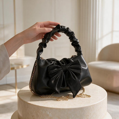 Black Bow Handbag, Ruched Shoulder Purse, Elegant Black Evening Bag, Statement Bow Bag, Party Handbag