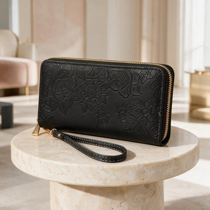 Black Floral Wristlet Wallet, Embossed Zip Wallet for Women, Elegant Purse