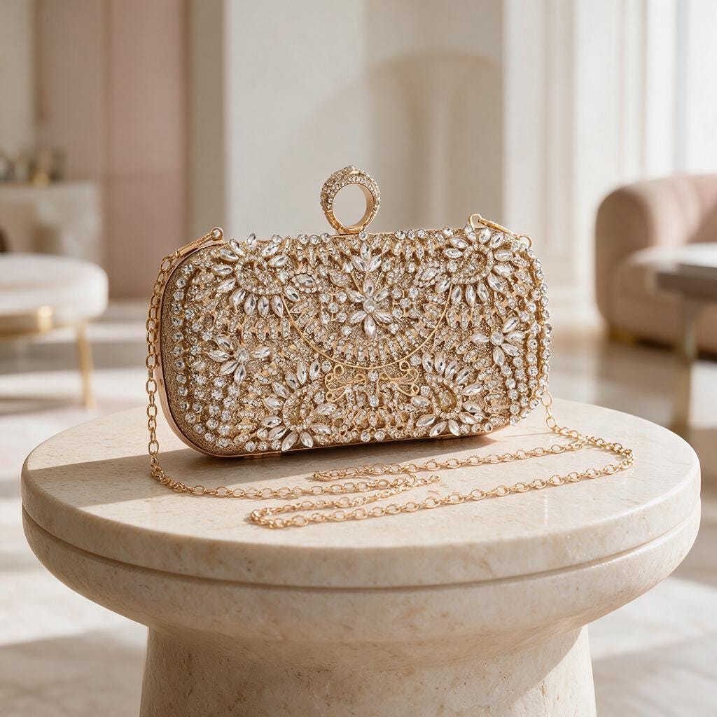 Gold Crystal Clutch Bag, Rhinestone Evening Purse, Floral Bridal Bag, Wedding Clutch with Chain, Sparkly Party Handbag