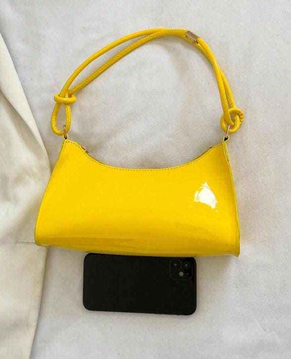 Yellow Baguette Shoulder Bag, Glossy Yellow Purse, Y2K Handbag, Bright Yellow Underarm Bag, Trendy Women's Bag