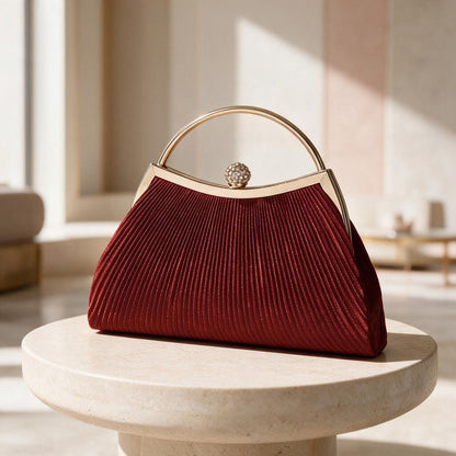 Red Pleated Clutch Bag, Burgundy Evening Purse, Elegant Top Handle Bag, Wedding Guest Handbag, Formal Party Purse