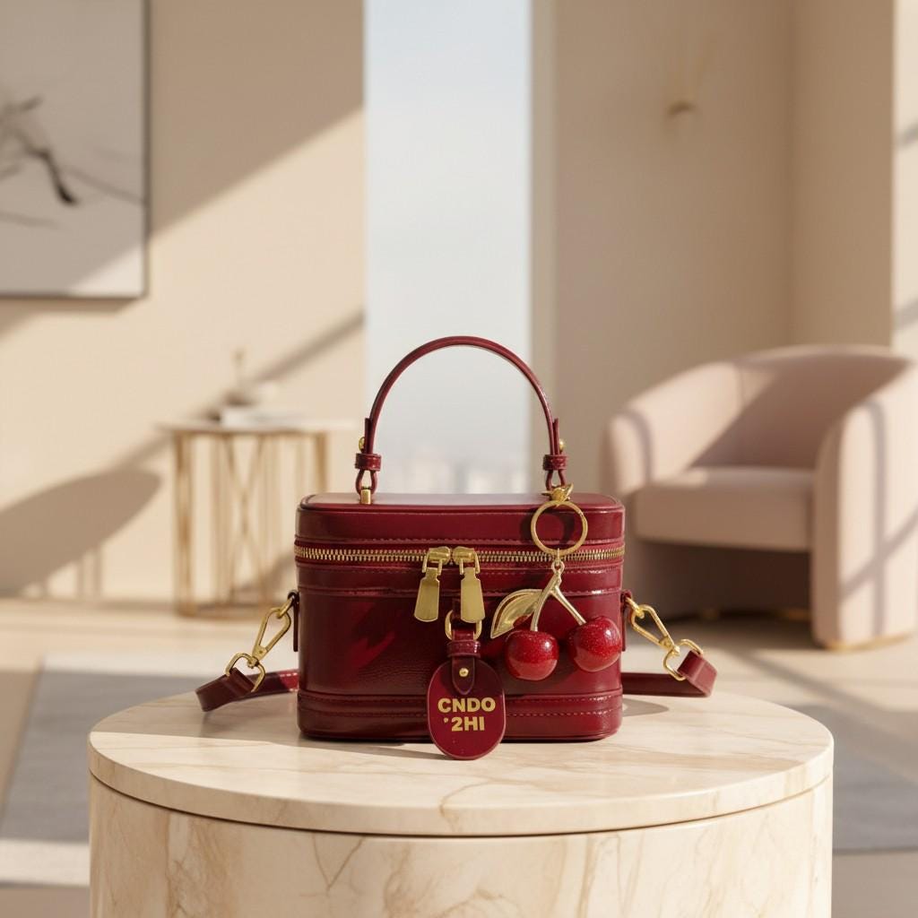 Burgundy Shoulder Bag, Women's Top Handle Crossbody Purse, Double Zip Handbag, Cherry Charm Bag, Structured Box Bag