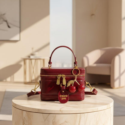 Burgundy Shoulder Bag, Women's Top Handle Crossbody Purse, Double Zip Handbag, Cherry Charm Bag, Structured Box Bag