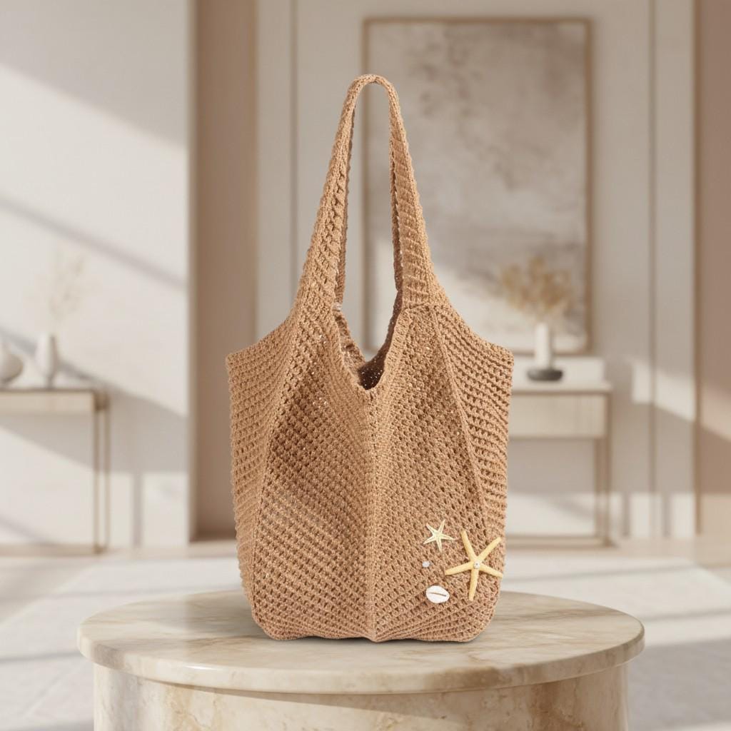 Crochet Beach Tote Bag, Boho Summer Shoulder Bag, Starfish Shell Bag, Woven Beach Purse, Coastal Vacation Tote, Women's Summer Bag