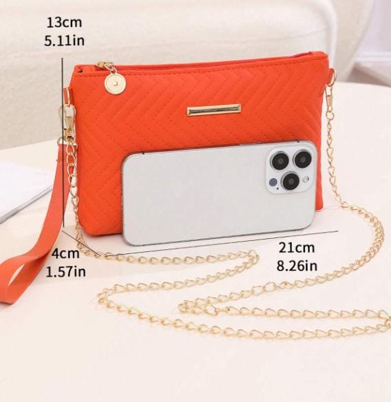 Orange Quilted Crossbody Bag, Chain Strap Purse, Small Orange Clutch, Wristlet Bag, Chevron Shoulder Bag, Evening Handbag