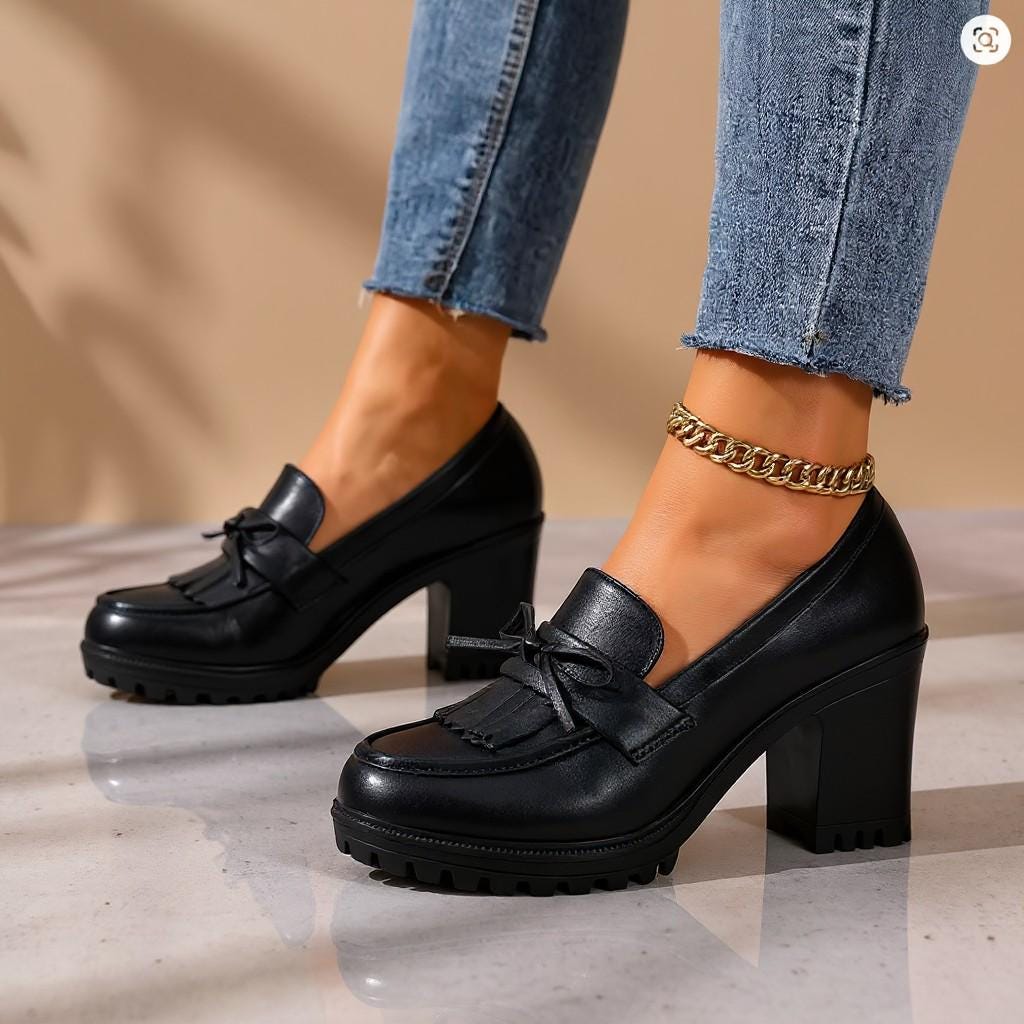 Black Chunky Loafers, Tassel Heeled Loafers, Platform Block Heel Dress Shoes