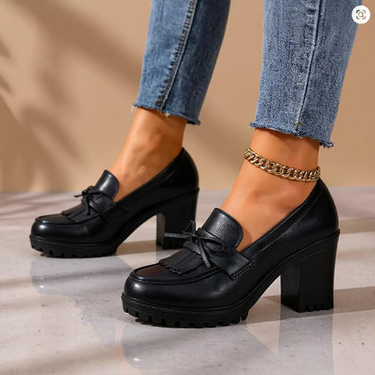 Black Chunky Loafers, Tassel Heeled Loafers, Platform Block Heel Dress Shoes