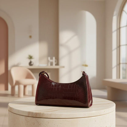 Burgundy Croc Shoulder Bag, Glossy Hobo Purse for Women, Small Baguette Handbag, Trendy Evening Bag