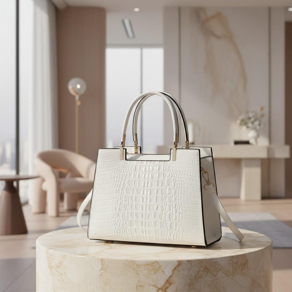 White Croc Embossed Handbag, Structured Top Handle Bag, Women's Shoulder Crossbody Purse, Elegant White Satchel