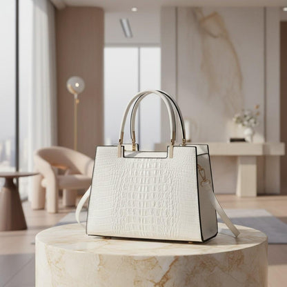 White Croc Embossed Handbag, Structured Top Handle Bag, Women's Shoulder Crossbody Purse, Elegant White Satchel