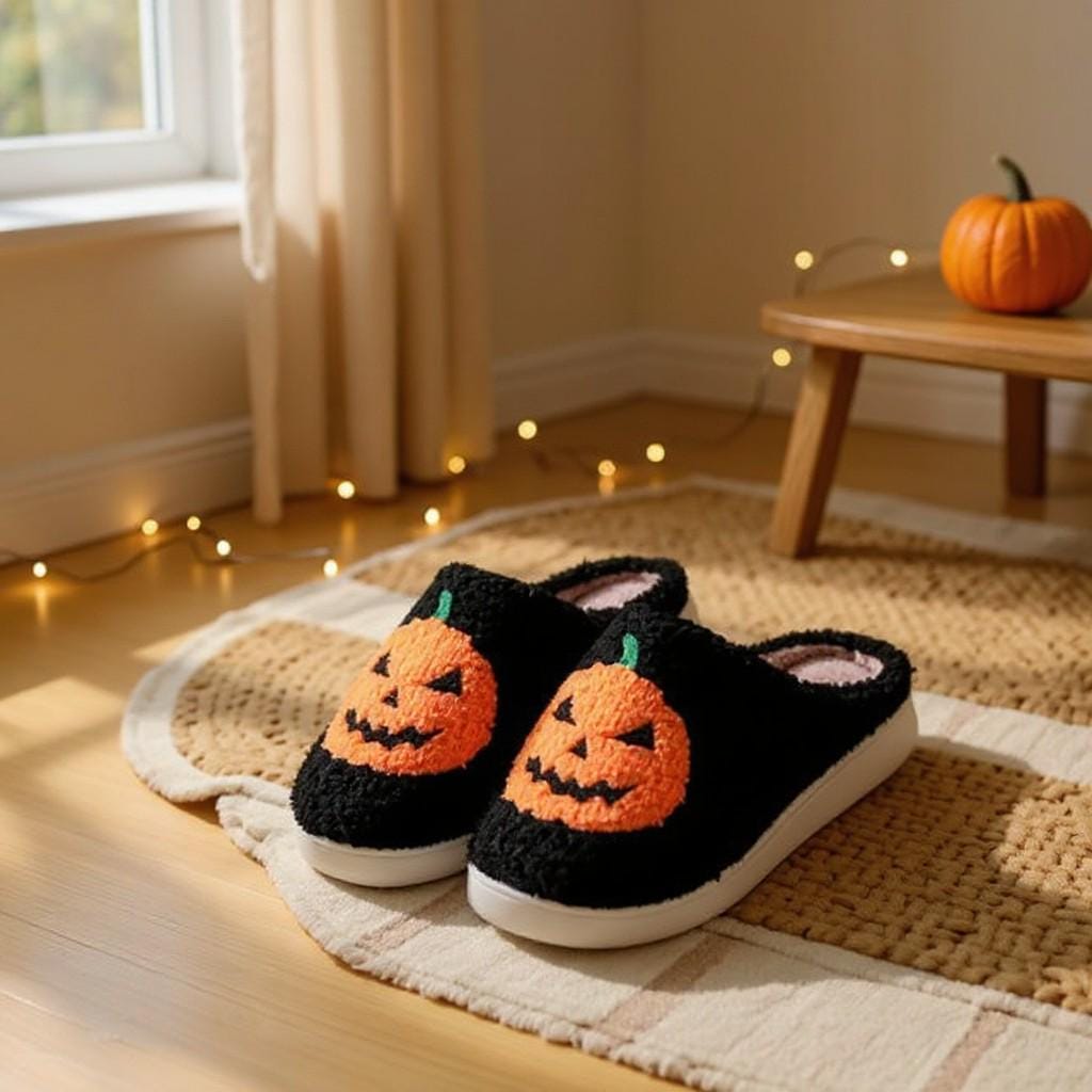 Pumpkin Slippers, Black Halloween House Shoes, Fuzzy Jack O Lantern Slippers