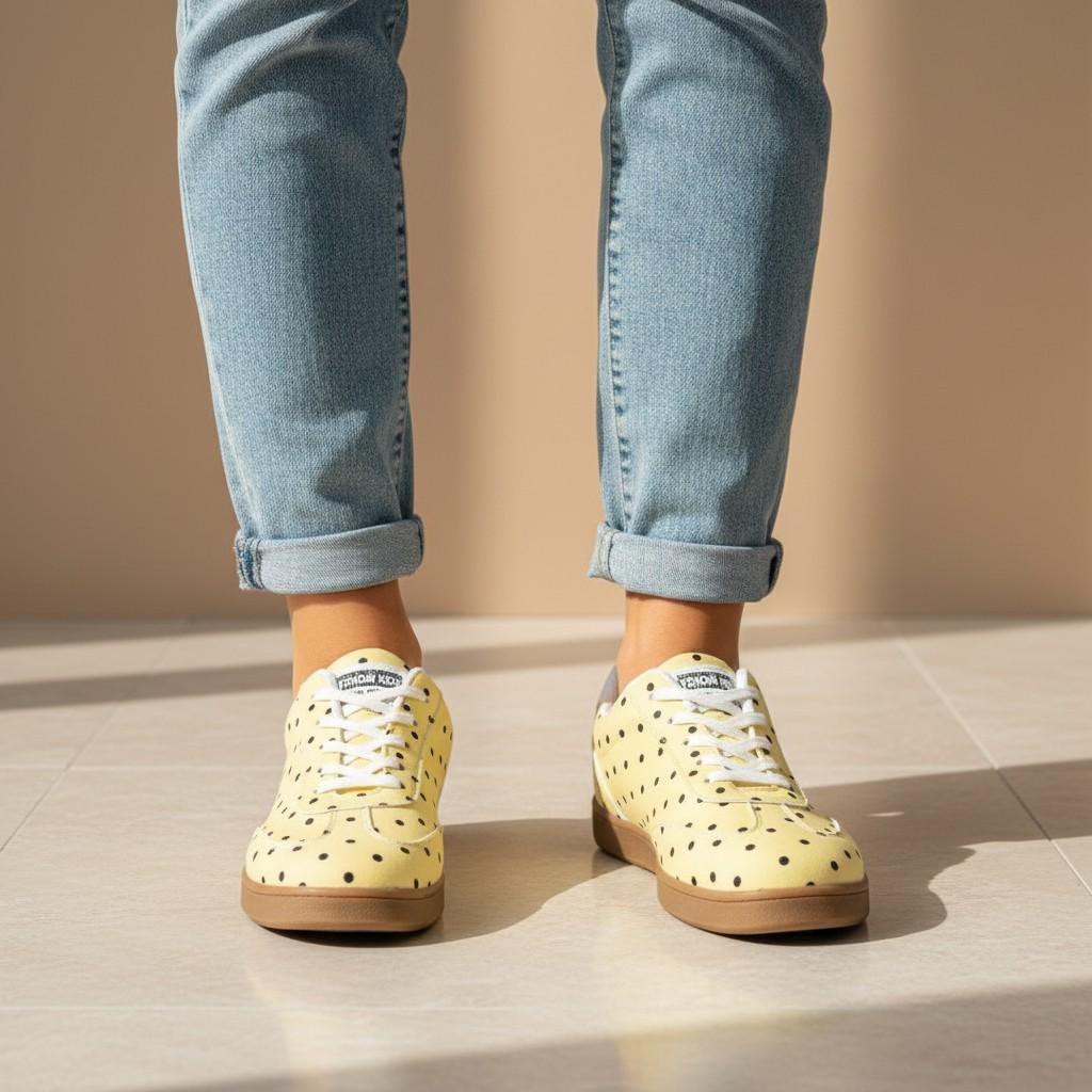 Yellow Polka Dot Sneakers, Women's Retro Lace Up Shoes, Cute Casual Trainers