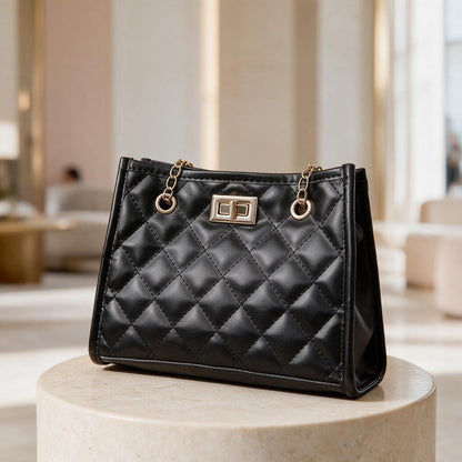Black Quilted Shoulder Bag, Chain Strap Handbag, Diamond Stitch Purse, Structured Crossbody Bag, Elegant Women's Bag
