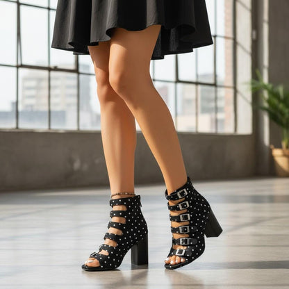 Black Polka Dot Booties, Peep Toe Ankle Boots with Buckle Straps