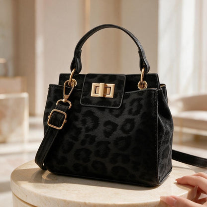 Black Leopard Handbag, Structured Top Handle Purse, Elegant Shoulder Bag, Animal Print Womens Handbag, Gold Buckle Purse