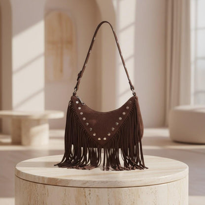 Brown Fringe Shoulder Bag, Boho Purse, Western Fringe Bag, Studded Hobo Bag, Festival Handbag