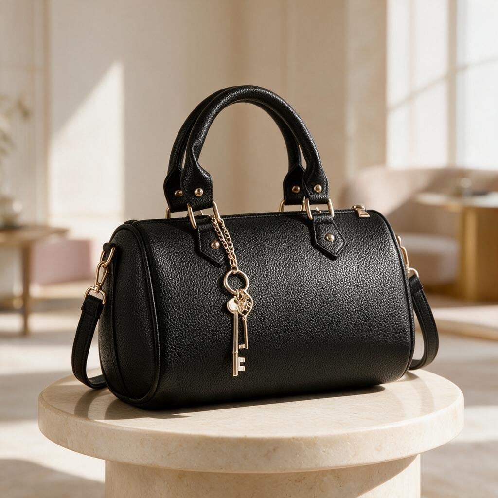 Black Structured Satchel, Women's Top Handle Bag, Crossbody Handbag, Black Shoulder Purse, Key Charm Bag, Elegant Handbag