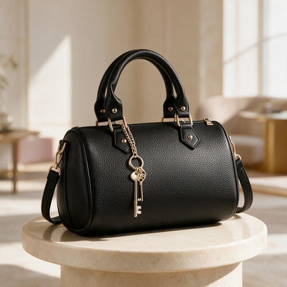 Black Structured Satchel, Women's Top Handle Bag, Crossbody Handbag, Black Shoulder Purse, Key Charm Bag, Elegant Handbag