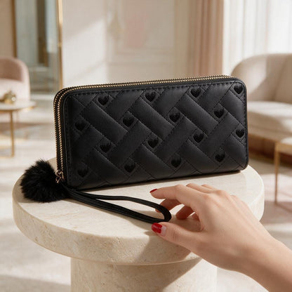 Black Heart Pattern Wristlet Wallet, Double Zip Quilted Purse for Women
