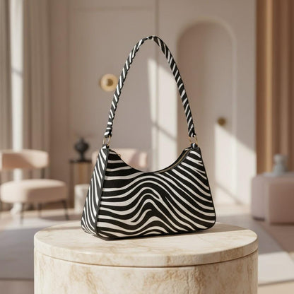 Zebra Print Shoulder Bag, Black White Baguette Purse, Y2K Animal Print Handbag, Zebra Underarm Bag, Retro Women's Purse