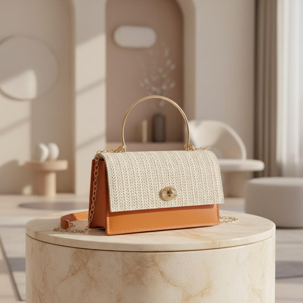 Cream Woven Shoulder Bag, Brown Colorblock Handbag, Textured Flap Purse, Chain Strap Bag, Elegant Top Handle Bag